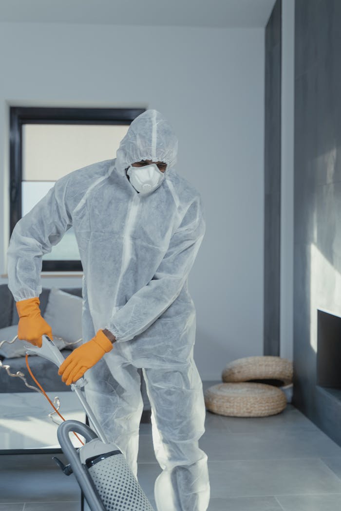 A person in personal protective equipment vacuuming indoors, ensuring a thorough clean.