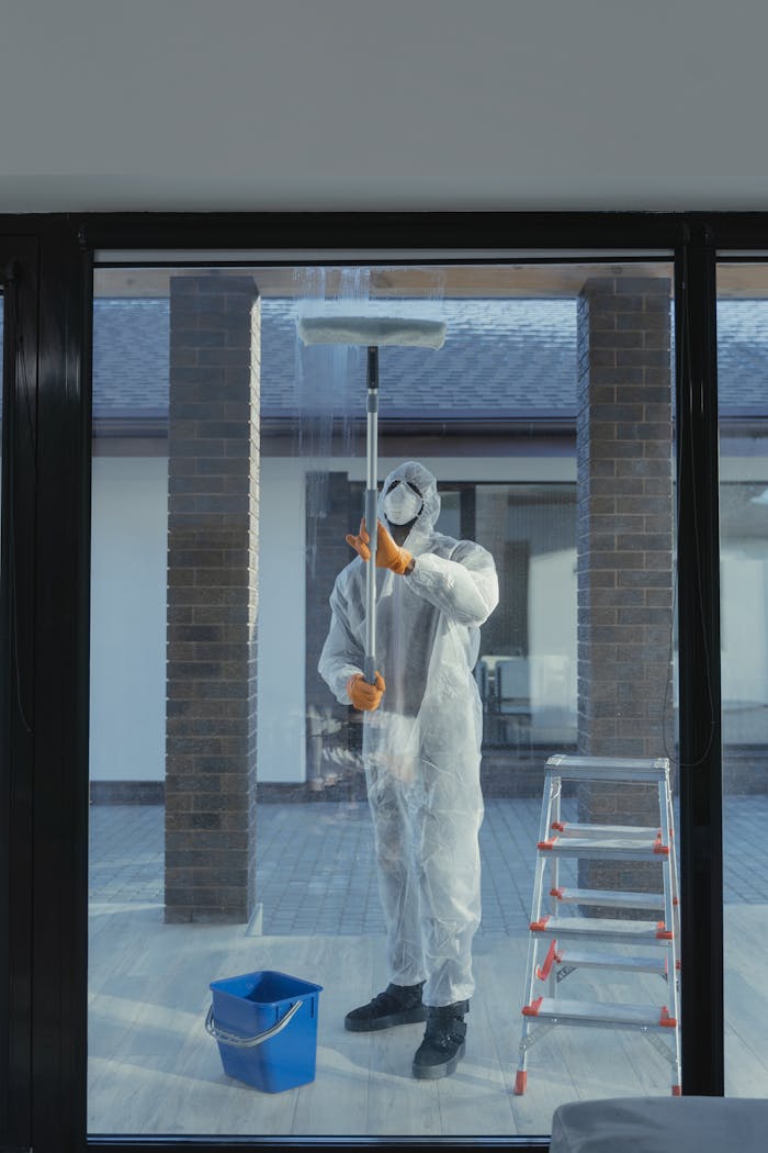 A man in full protective gear cleaning a glass window during the daytime.